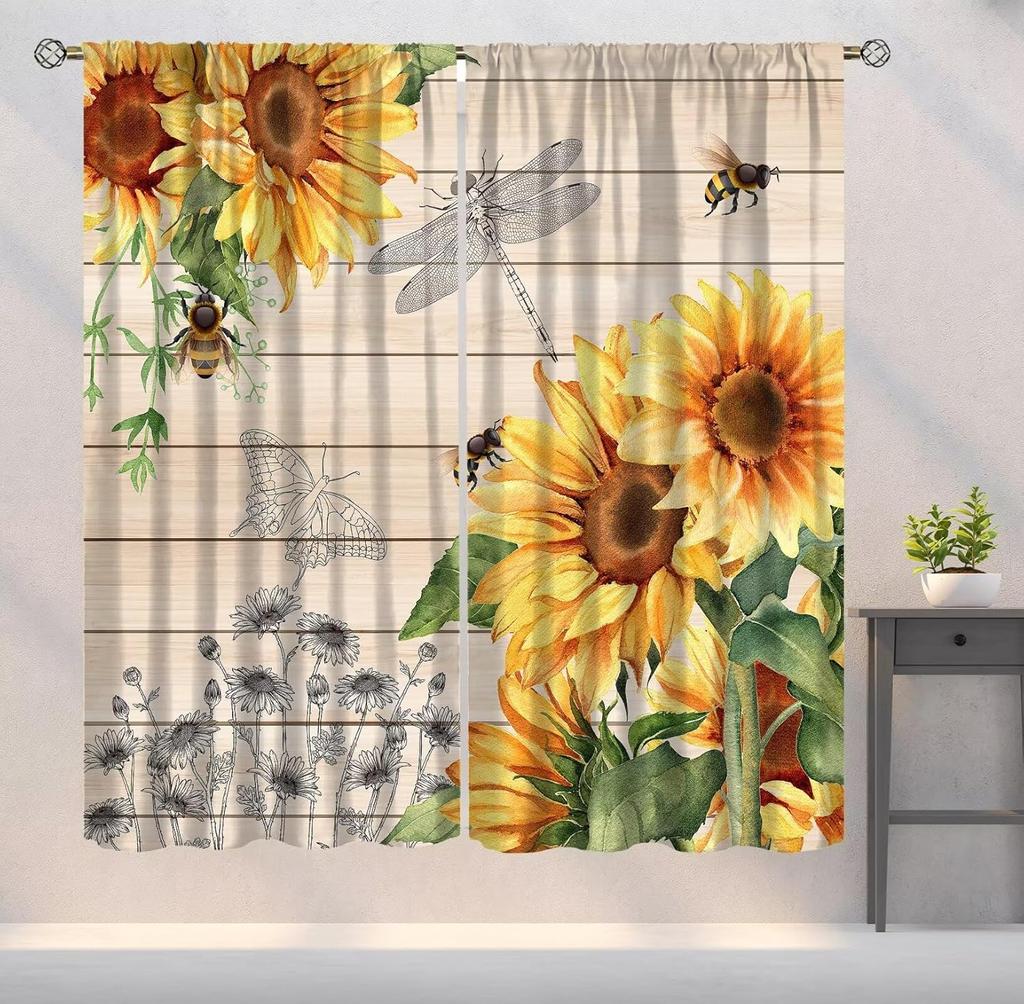 Farmhouse Sunflower Curtains Country Vintage Floral Wooden Board Art Printed Window Drapes Bedroom Kitchen Decor Room Darkening Polyester Master