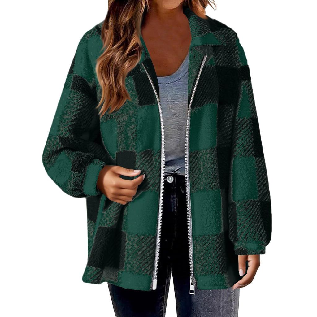 Fashionable Women's Plaid Lambskin Jacket With Pockets Button Plush Coat