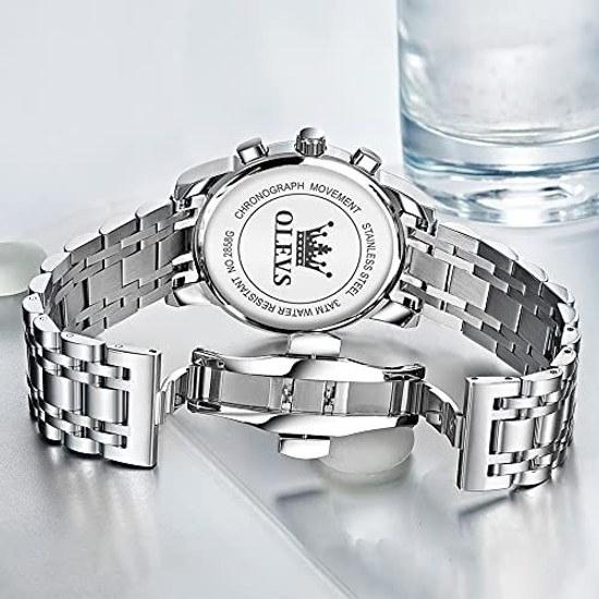 OLEVS Wristwatch Mens Black Quartz Analog 30M Waterproof Watch Metal Band Silver Date Stainless