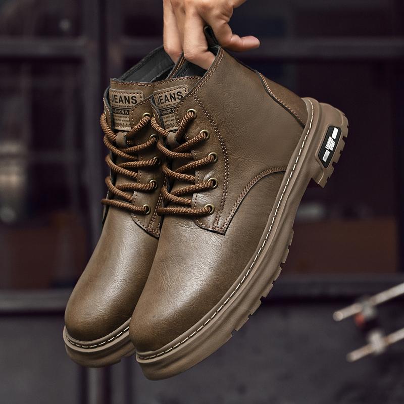 Fashion High Quality Casual Leather Men Motorcycle Boots Classic Outdoor Mens Ankle Boots Winter Warm Plush Fur High Top Shoes Man Botas