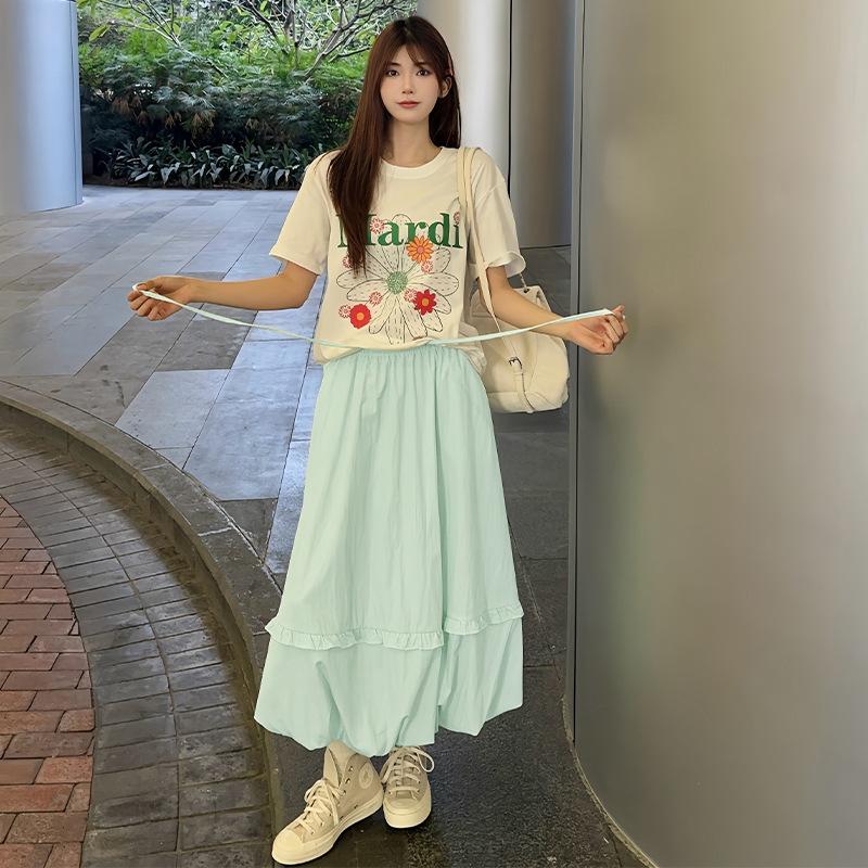 Mint Green Wood Ear Bud Skirt for Women with Flower Buds In Summer Korean Lantern Skirt for Slim Mid-length A-line Umbrella Skirt