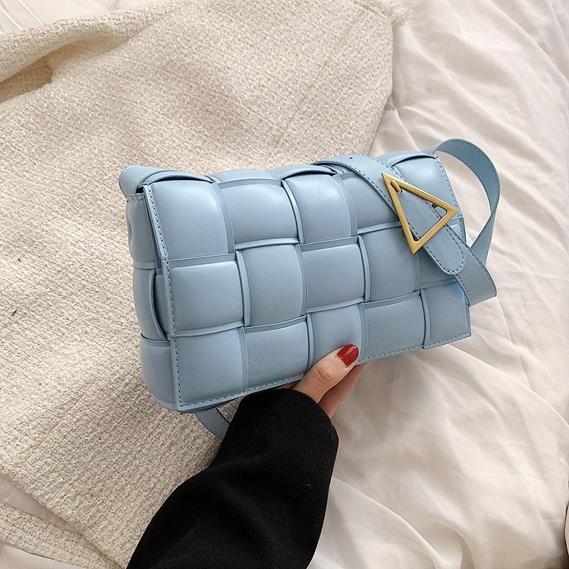 Fashionable Woven Pu Leather Women Shoulder Bag Soft Square Hand Chain Bag Gift Blue