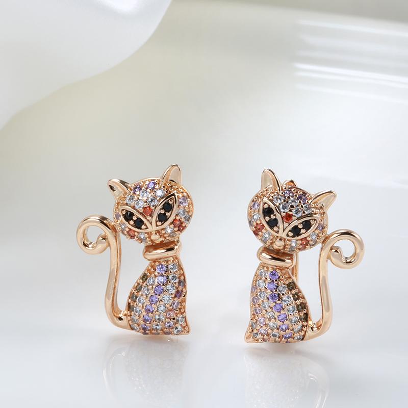 Fashion  Rose Gold Cute Cat Earrings For Girls Unique Black Natural Zircon Earrings Children Xmas Gifts Animal Jewelry
