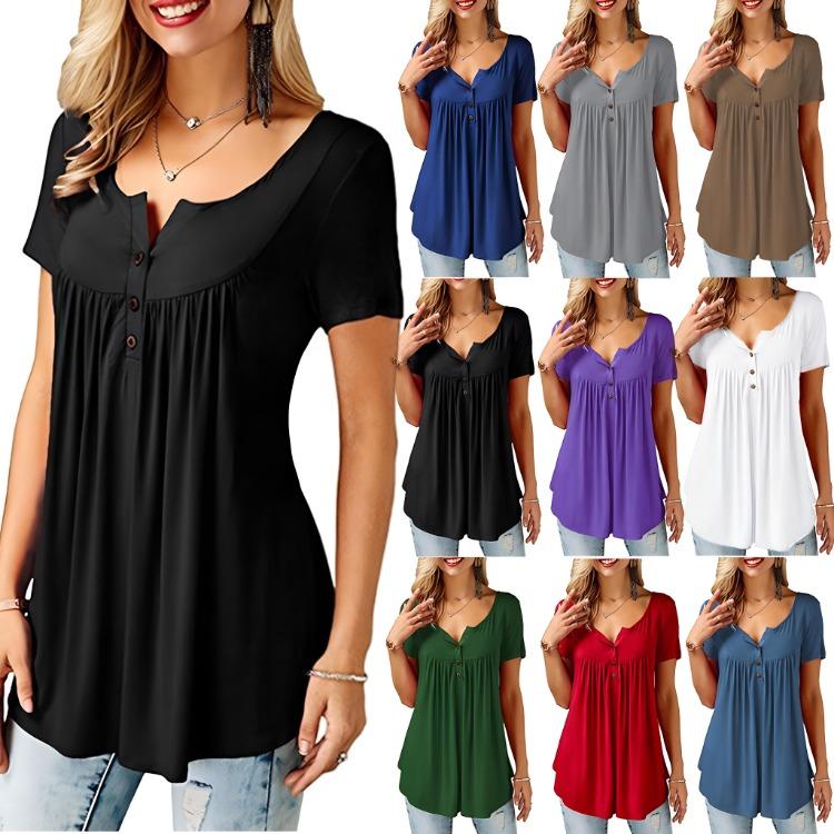 Casual Women Loose Short Sleeve Tunic Blouse O Neck Button Top Ladies Shirts Elastic