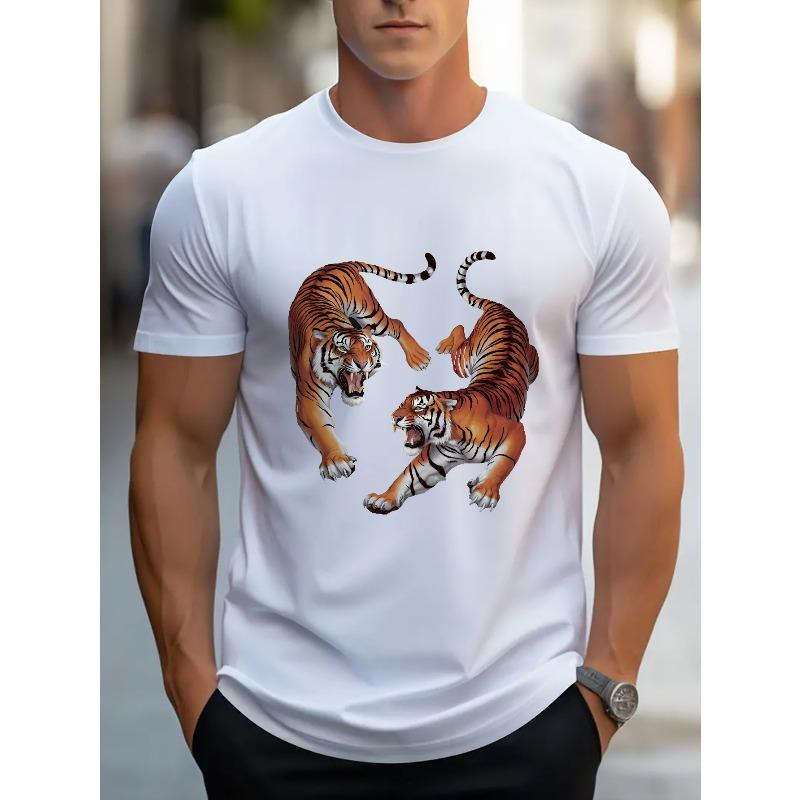 European sizes Men's Abstract Two Tigers Red & White Line Art Graphic T-Shirt - Soft  Loose Fit Casual Tee for Gym, Sports & Casual Attire