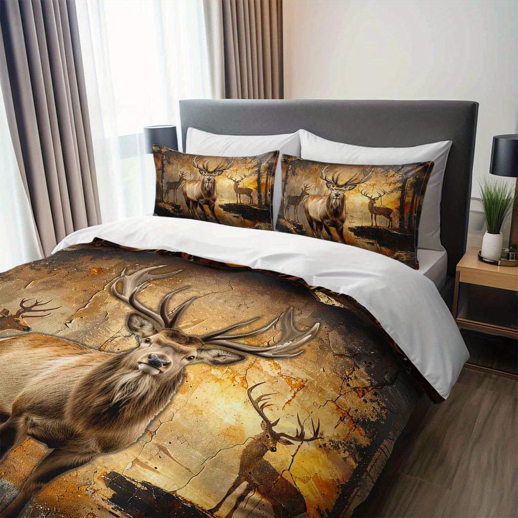 3pcs Elk Deer Bedding Set - Rustic Brown/Beige/Golden Forest Animal Bedspread with Elk & Stag Design, Brushed Soft Bedspread