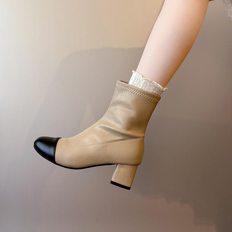 Fashion Spliced Square Heel Booties Women's New Back Zip Skinny Boots Autumn Winter Fashion Boots