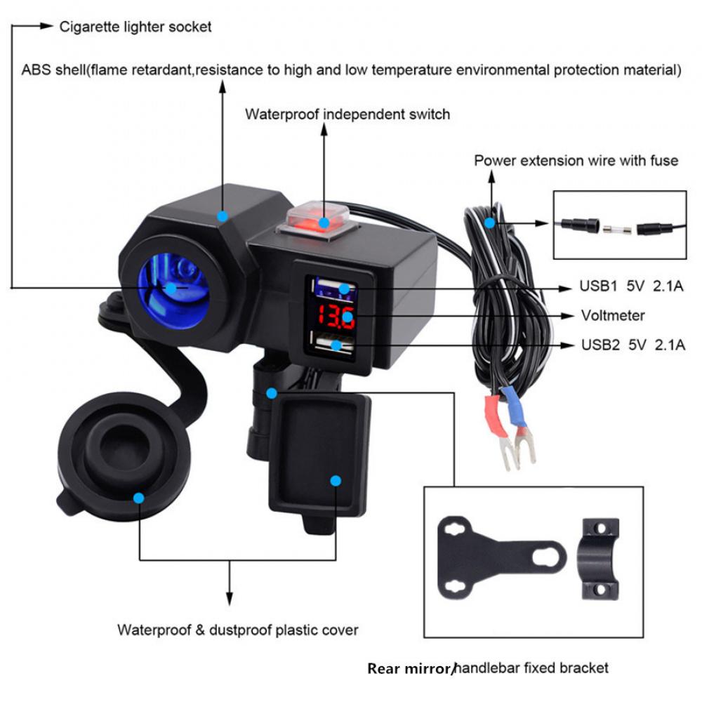 Dc12V Waterproof Motorcycles Handldbar 2Usb Port Adapter Blue Led With Voltmeter