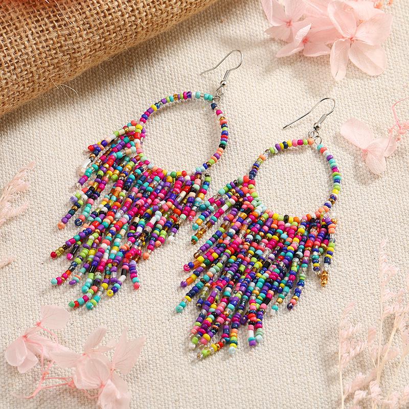Bohemian Retro Ethnic Tassel Earrings with Long Rice Beads for Women