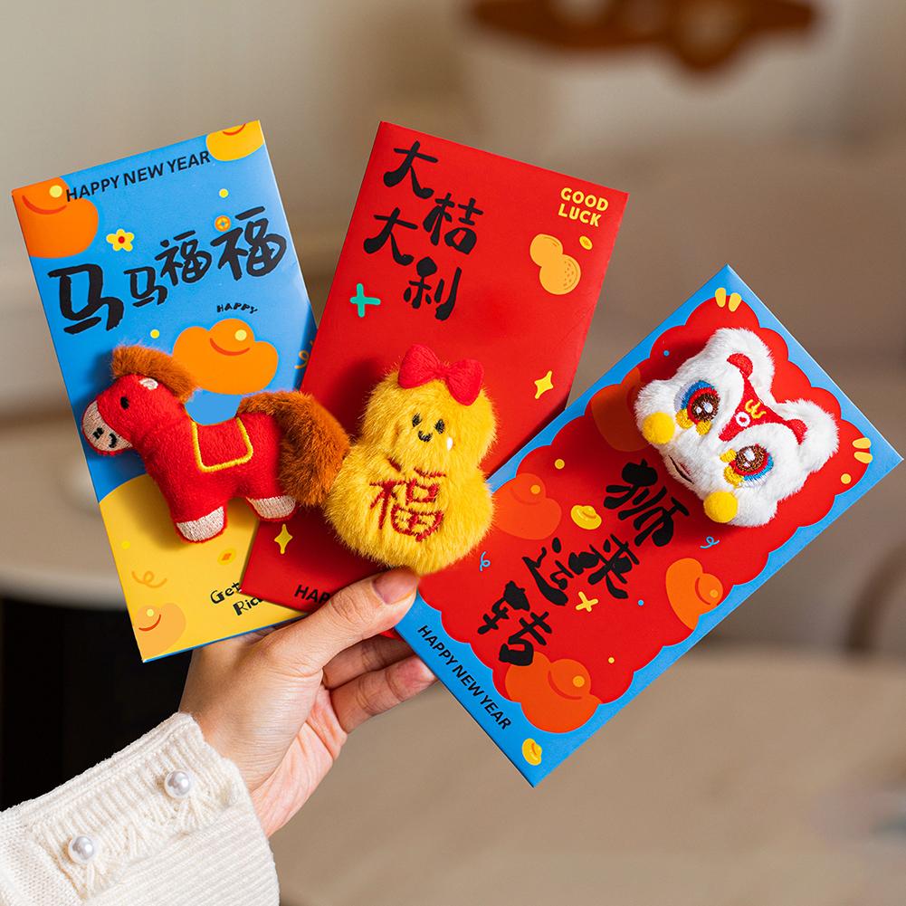 Red Envelopes with 3D Plush Doll Design Money Envelopes for Christmas Wedding Birthday Home Chinese New Year Red Packets