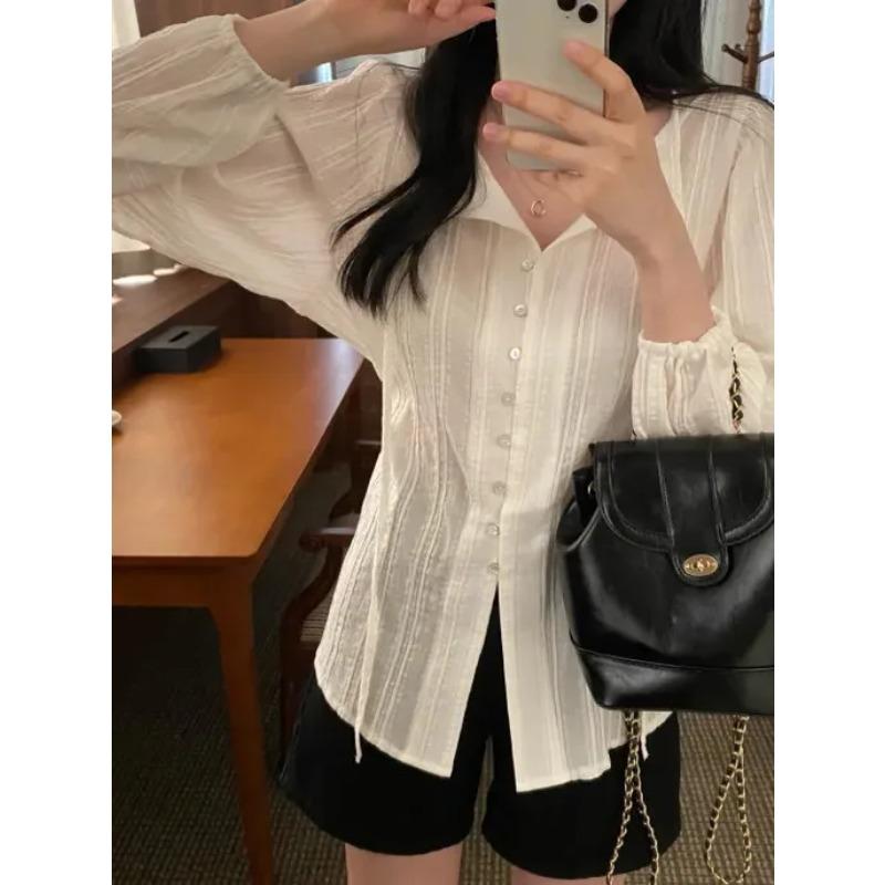 Korean Series Chic Chic Top Women Autumn French Sle Gentle Sweet Temperament Lapel Lace-up Waist Hugging Slimming Long Sleeve