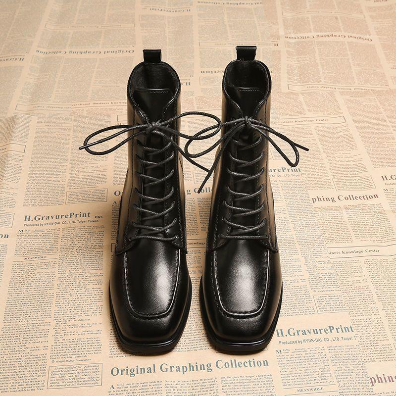 Fashion Square Toe Leather Heeled Women's Ankle Boots Autumn Winter Fleece-Lined Lace-up Female Short Shoes High Quality New In Booties