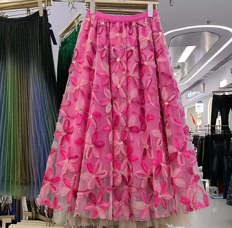 Women's French Romantic A-Line Mesh Skirt with 3D Flowers - Elastic Waist, Stunning Summer Design