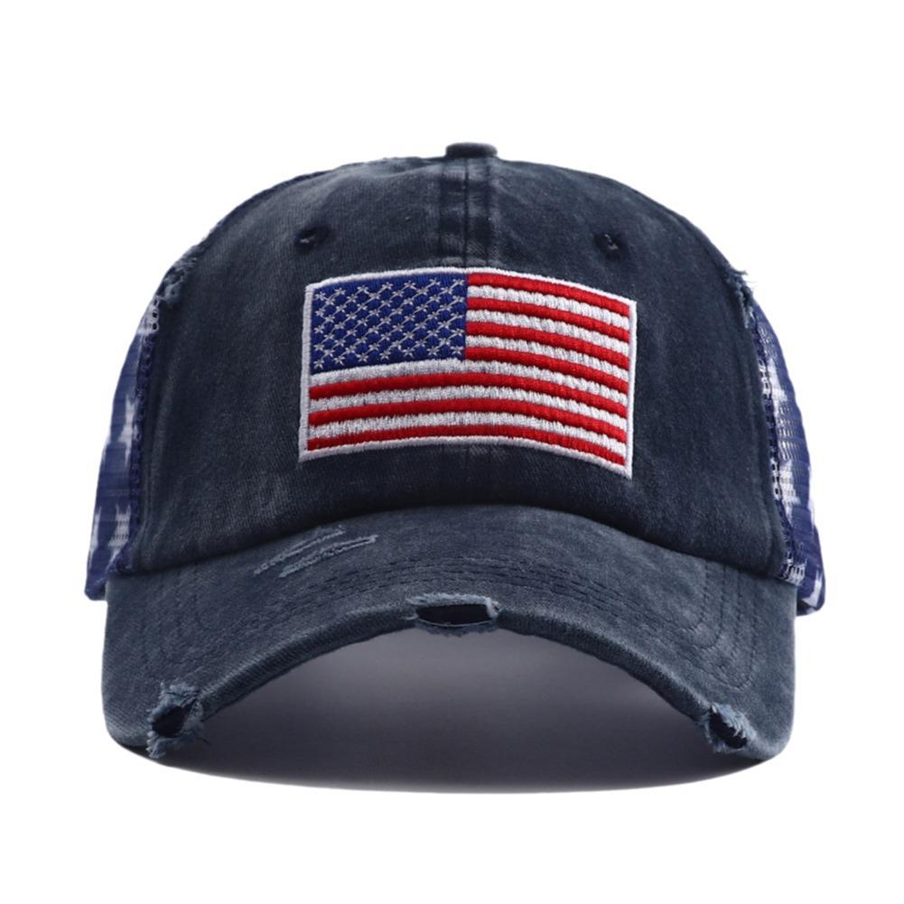 Popular European, American flag embroidery baseball cap mesh cap retro washed baseball cap sun hat