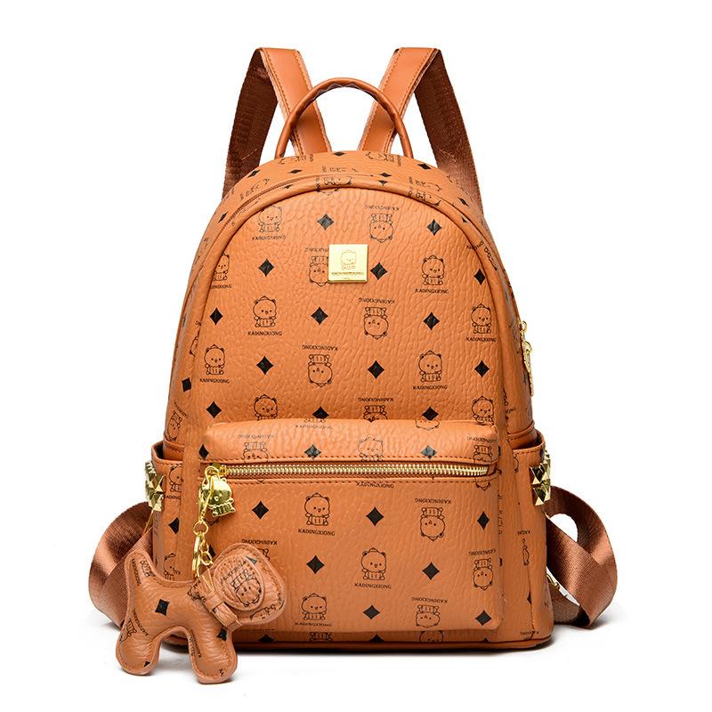 Schoolbag Women's Orange Trendy Brand M Bear Rivet Backpack, Korean Version Of Trendy Fan Printing Rhombus Backpack Bag, Free Pendant, High-Quality Leather