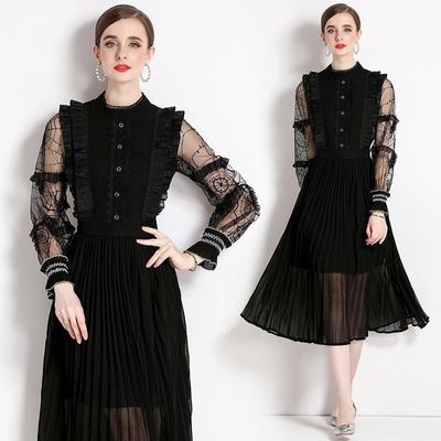 Sommer Frauen Schwarz Spitze Chiffon Patchwork Midi Party Kleid Mode Cascading Rüschen Aushöhlen Strand Urlaub Plissee Kleider