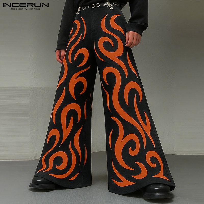 INCERUN Men Pants Casual Print Zipper Up Waist Wide Legs Long Trousers Pants