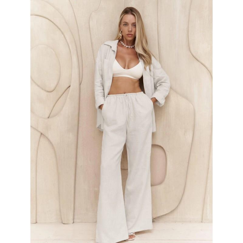 Cotton Long Sleeve Shirt Wide Leg Pants Set Solid Color Casual Womens Street Style Outfit