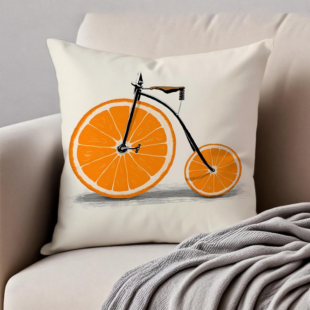 Fresh Fruit Orange Lemon Bicycle Art Cushion Cover Pillowcase Antidustmite Invisible Zipper Short Plush Sofa Cushion