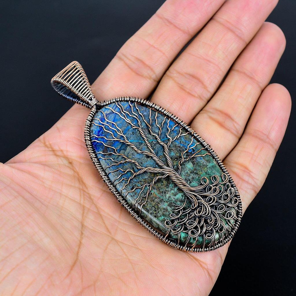 Tree Of Life Azurite Malachite Pendant, Handmade Gemstone 999 Copper Wire Wrap Pendant Antique Jewelry, For Gift Copper Jewelry