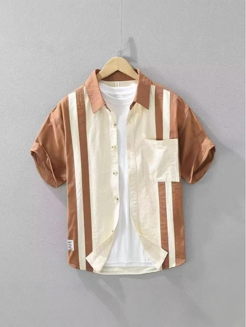 

Мужская повседневная рубашка в японском ретро-стиле с цветными блоками и пэчворком - Модный летний топ с коротким рукавом свободного кроя XL кофейный