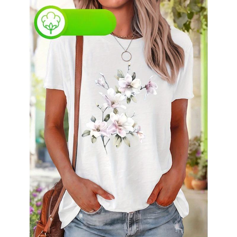 

Plus Size Womens Watercolor Magnolia Print Tee Round Neck Short Sleeve Breathable Semitransparent Machine Washable All Season Casual Elegant Top S белый