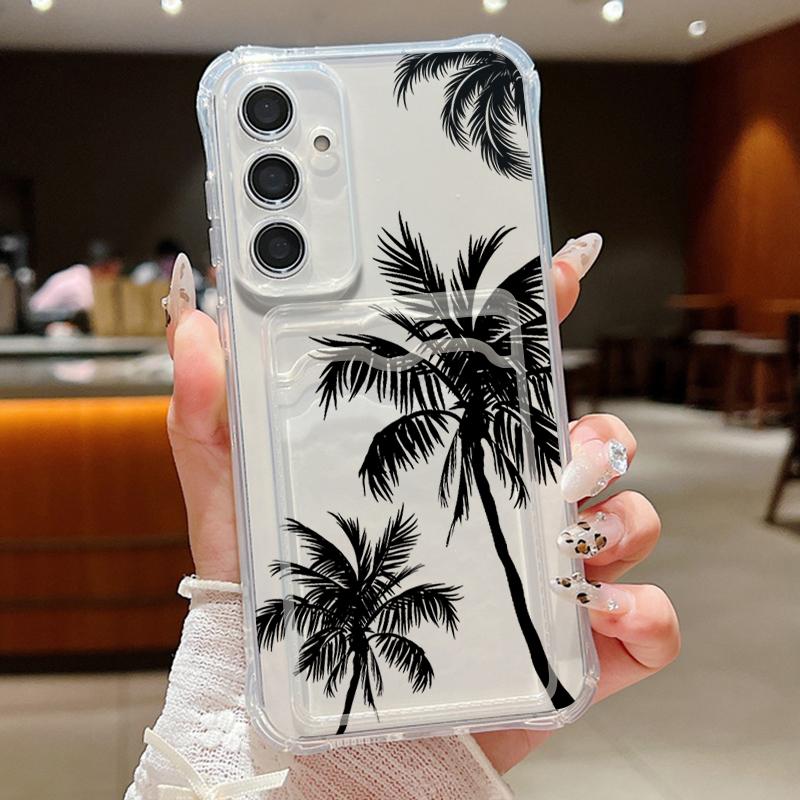 Card Slot Pocket Case For Samsung Galaxy A56 A55 A35 A25 A16 A15 A36 5G S25 S24 Ultra S23 S24 FE Coconut Tree Printed TPU Cover