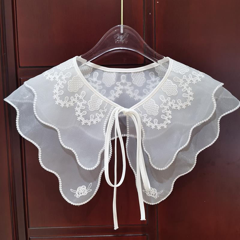 Organza Double Couche Broderie Ordinateur Faux Col à Sangle Nœud Châle Polyvalent Col DIY