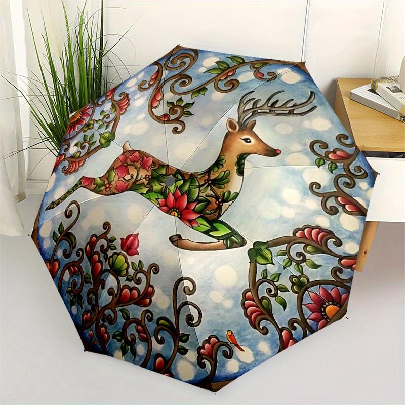 1pc Winter Deer Automatic Open/close Umbrella, 8-Rib Sturdy Structure, Portable Travel Umbrella, Parties, Everyday Use, 11178