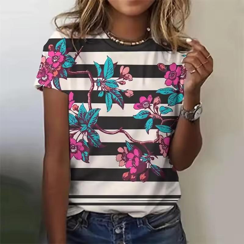 Summer Round Neck 3D Flower Boat Anchor Print Top Fashionable Casual Short Sleeved Women's T-shirts