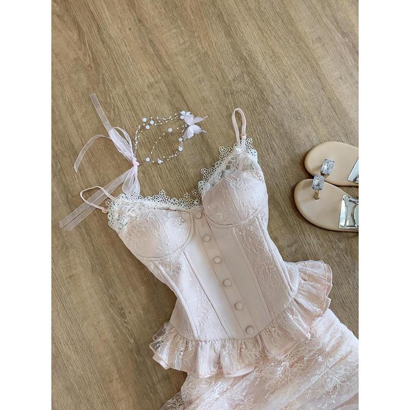 Womens 2-Piece Set Sleeveless Lace Trim Corset Top Slim Mini Skirt Outfit