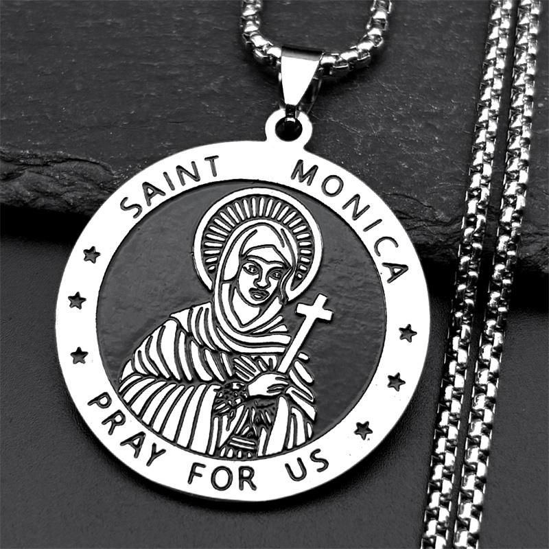 Catholic SAINT MONICA PRAY FOR US Pendant Necklace for Women Men Stainless Steel Silver Color Religion Medallion Chain Jewelry