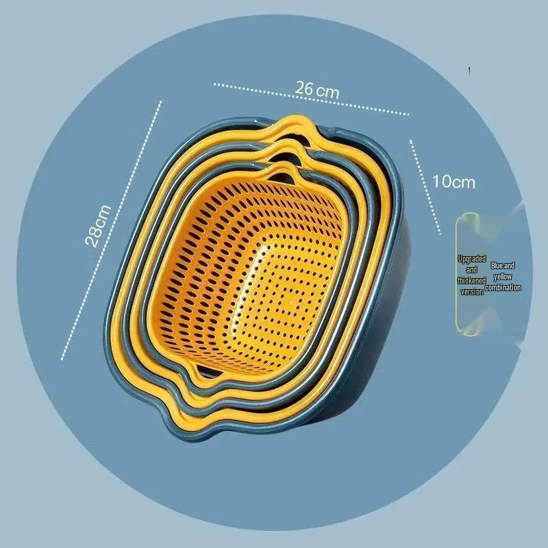Colorblock Drain Basket Set: 6-Piece Double-Layer Plastic for Fruit & Vegetable Washing, Large Size
