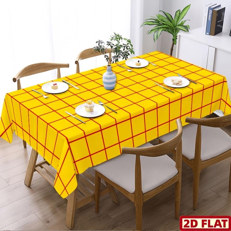 Bright yellow background with red checkered grid pattern 2D flat tablecloth