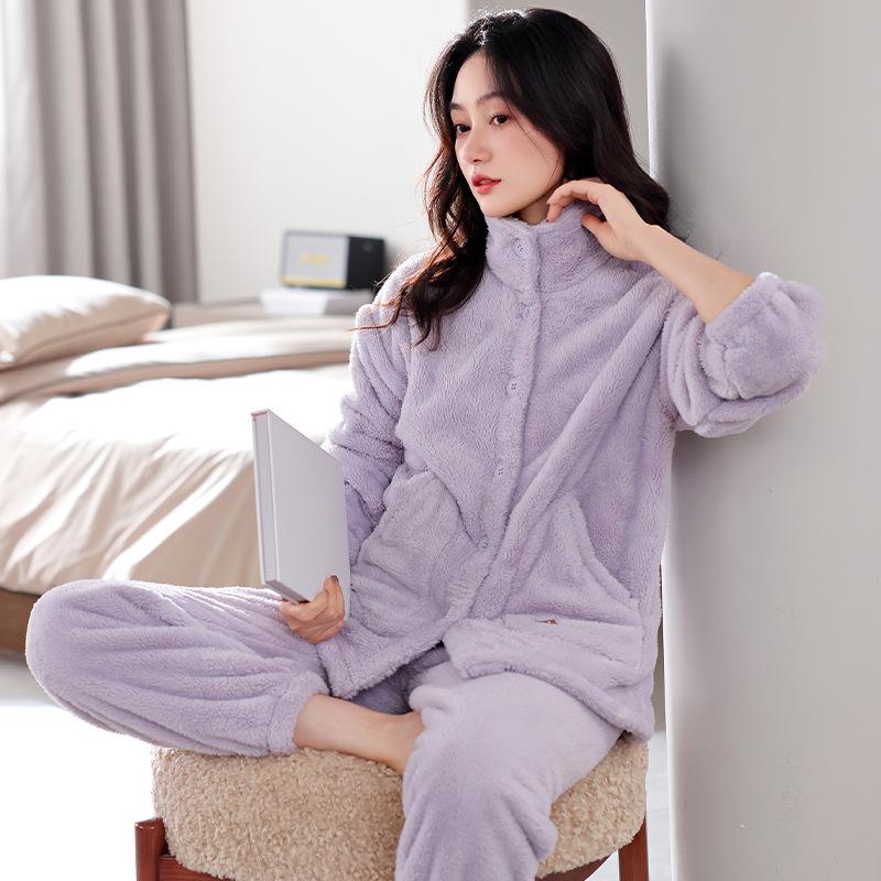 Pajamas Women'S Winter Fleece Thickened Coral Fleece Winter Flannel Large Size Loungewear Warm Set