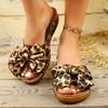 Women'S Fashion Leopard Print Wedge Sandals with Polka Dot Bow Detail - Open Toe Mid-Heel Platform, Casual Summer Style