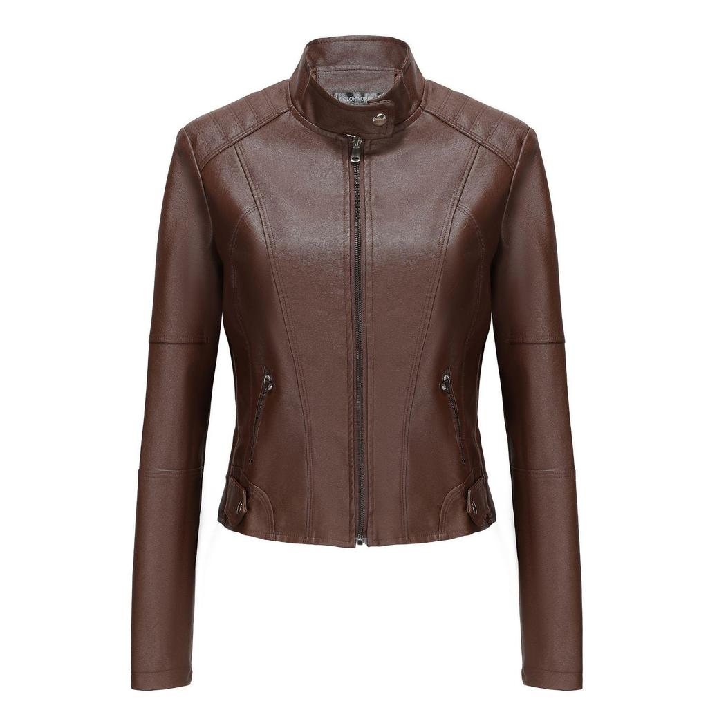 Women’s European-American Leather Motorcycle Jacket with Zipper - Retro Short Style