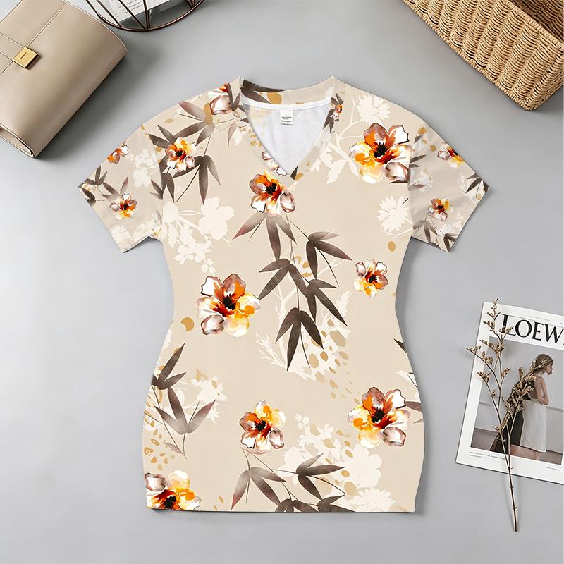 Sweet & Cool Floral V-Neck Short Sleeve Bodycon Dress – Skin-Friendly Slim Fit, Versatile for Beach Vacations & Afternoon Tea