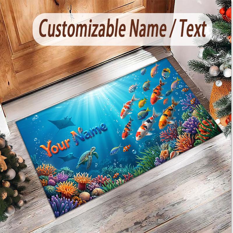 Fish Ocean Theme Soft Crystal Velvet Rug Custom Name & Text Print Non Slip Floor Rug for Bedroom Living Room