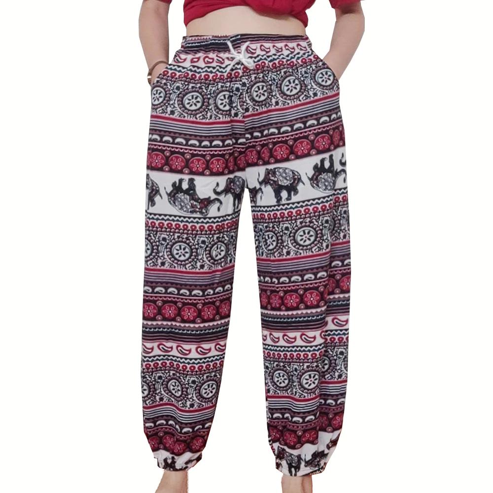 Elefanten Hose Langbein Verstellbarer Elastischer Bund Riemen Unisex Damen Herren Print Thailand Lässig Streetwear Strand Boho Böhmisch Retro Vintage