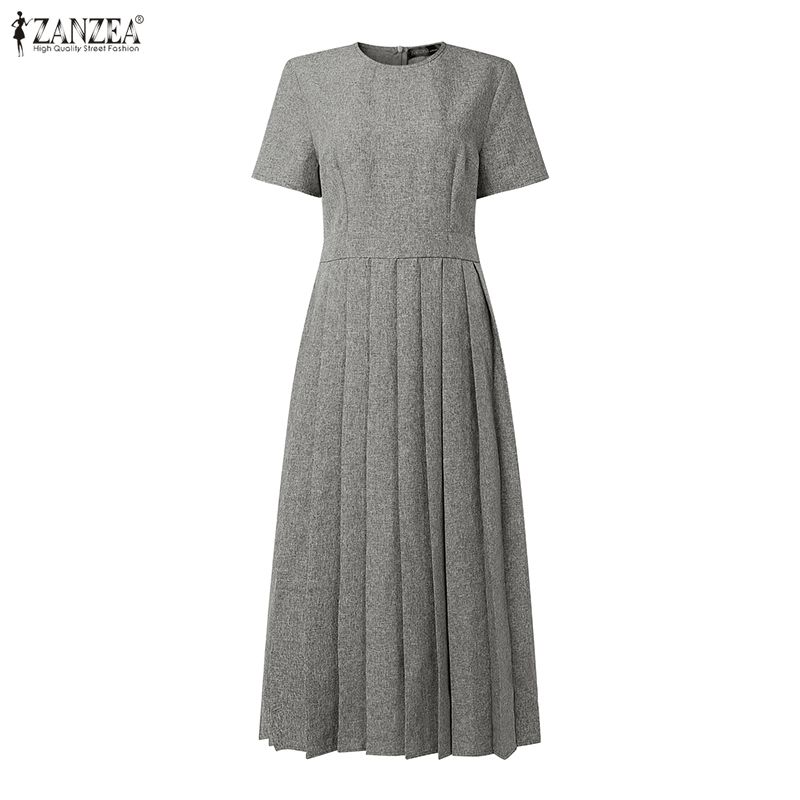 ZANZEA Damen Lässig Rundhals Sommer Kurzarm Elegantes Kleid