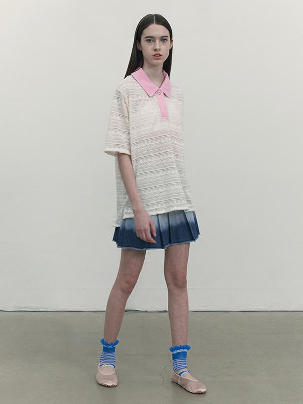 KIRSH Cut-Off Collar Point Lace Short Sleeve Knit [Ivory]