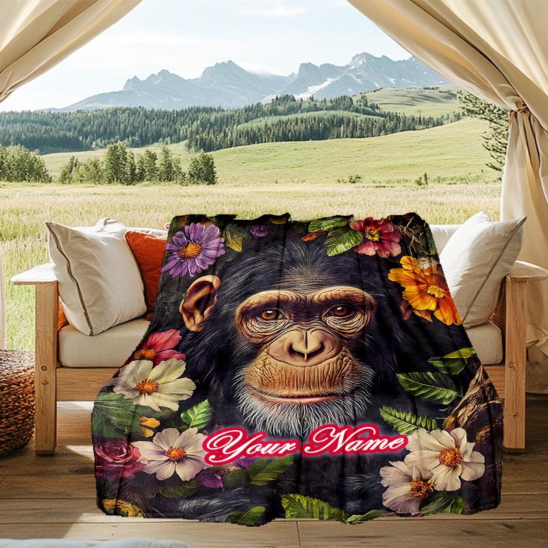 1PC Custom Name Chimpanzee Floral Frame outdooor Flannel blankets Patterns Throw Blanket All-Season Soft Gift for Couch, Bed, Camping gifts