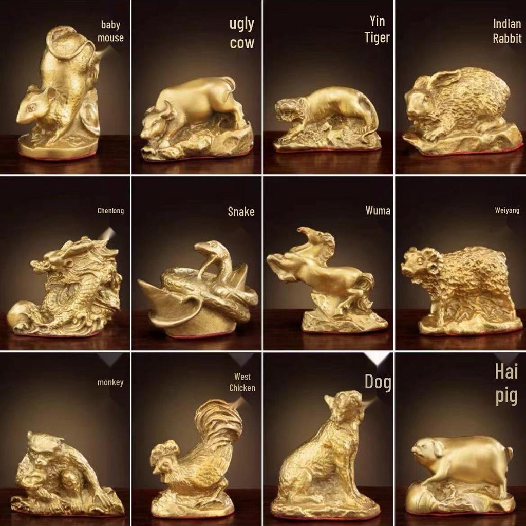 Chinese Zodiac Bronze Brass Ornaments: Rat, Ox, Tiger, Rabbit, Dragon, Snake, Horse, Sheep, Monkey, Rooster, Dog, Pig Crafts