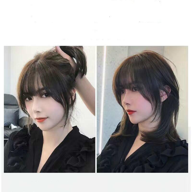 3D Französischer Pony Perücke Weiblich Unsichtbare Gesichtsreparatur Falscher Pony Natürlich und Nahtlos Kopfperücke Rundes Gesicht