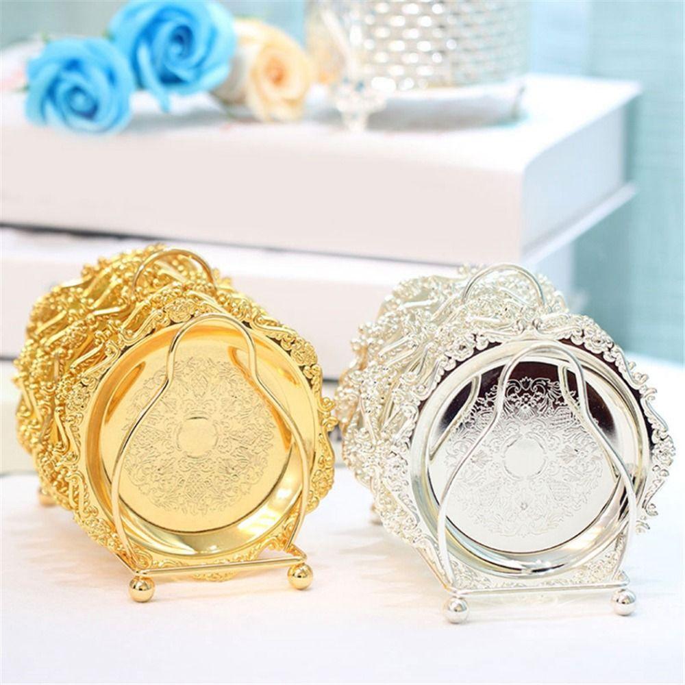 7 Pcs/set Zinc Zinc Zinc Alloy European Decor Racks Carved Metal Cake Tray Patterned Cup Mat  Fruit Tray