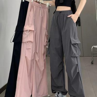 Pantalon cargo taille haute décontracté ample à jambes larges pour femme, pantalon d'été fin et solide avec cordon de serrage, pantalon de sport élégant et slim pour le bureau, 26295
