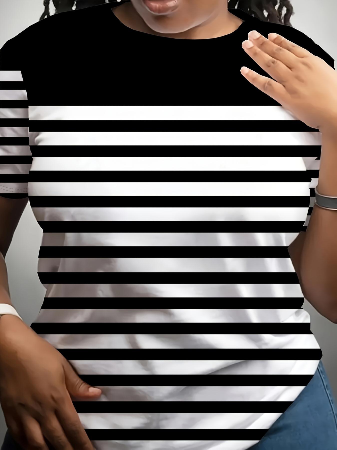 

A Women S Plus-Size Black And White Striped Patchwork Short-Sleeve T-Shirt. A Classic. Versatile. Top Made of Soft And Comfortable Fabric. Suitable f L дубильная кора