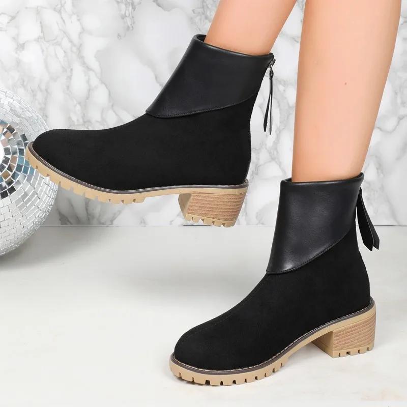 Fashion Female Shoes on Sale 2024 High Quality Zipper Women's Boots Winter Round Toe Suede Solid Short Barrel Chunky Heels Fashion Boots