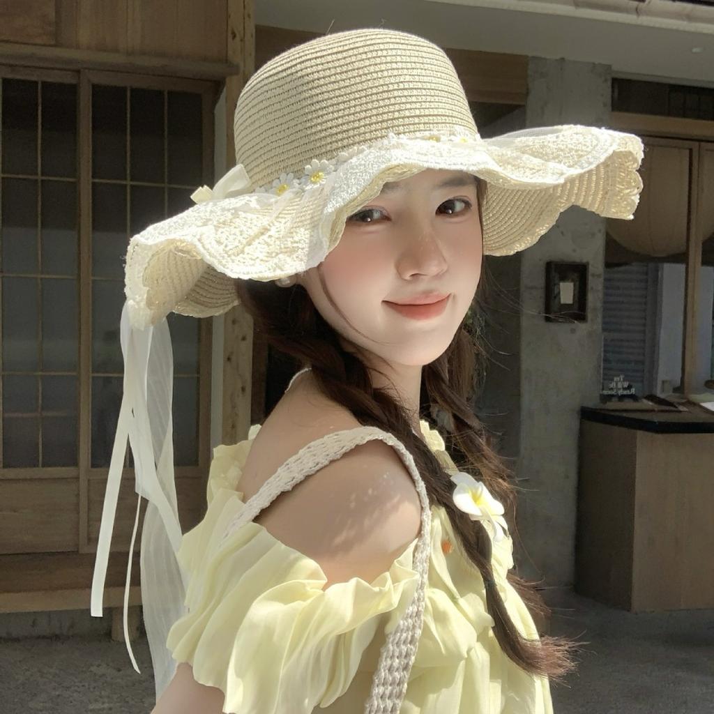 Summer bow visor female seaside beach vacation sun protection hat outdoor big brim sun hat sweet straw hat female
